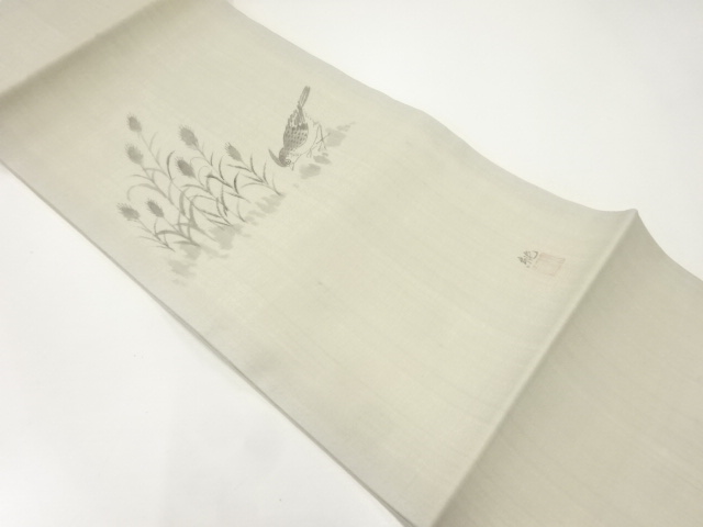 JAPANESE KIMONO / NAGOYA OBI FOR SUMMER / SILK / TSUMUGI / HAND DRAWING FLOWERS & BIRDS